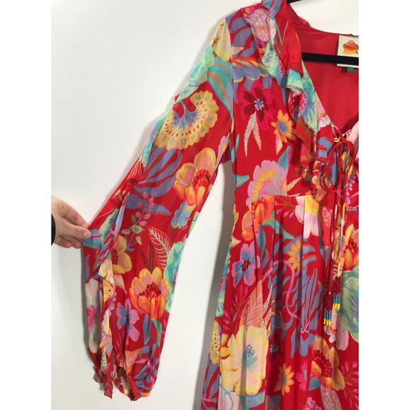 Farm Rio Red Floral Ruffle Flowy Short Dress Boho Hippie Vacation Indie Beaded - Picture 3 of 14